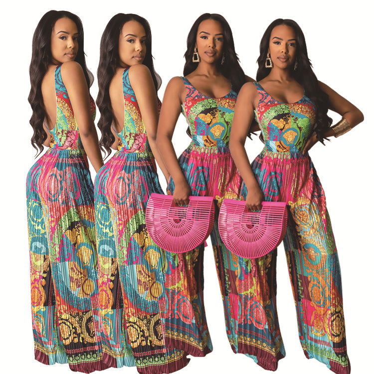 European and American Women's Printed Suspender Jumpsuit