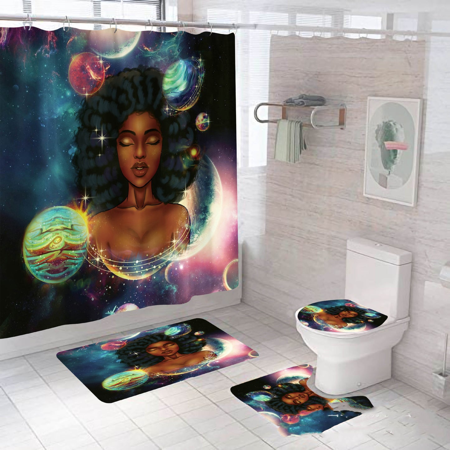 African Girl Digital Printing Shower Curtain C-shaped Plastic Hook