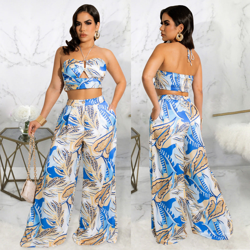 Ladies Top Wide Leg Pants Print Two Piece Set