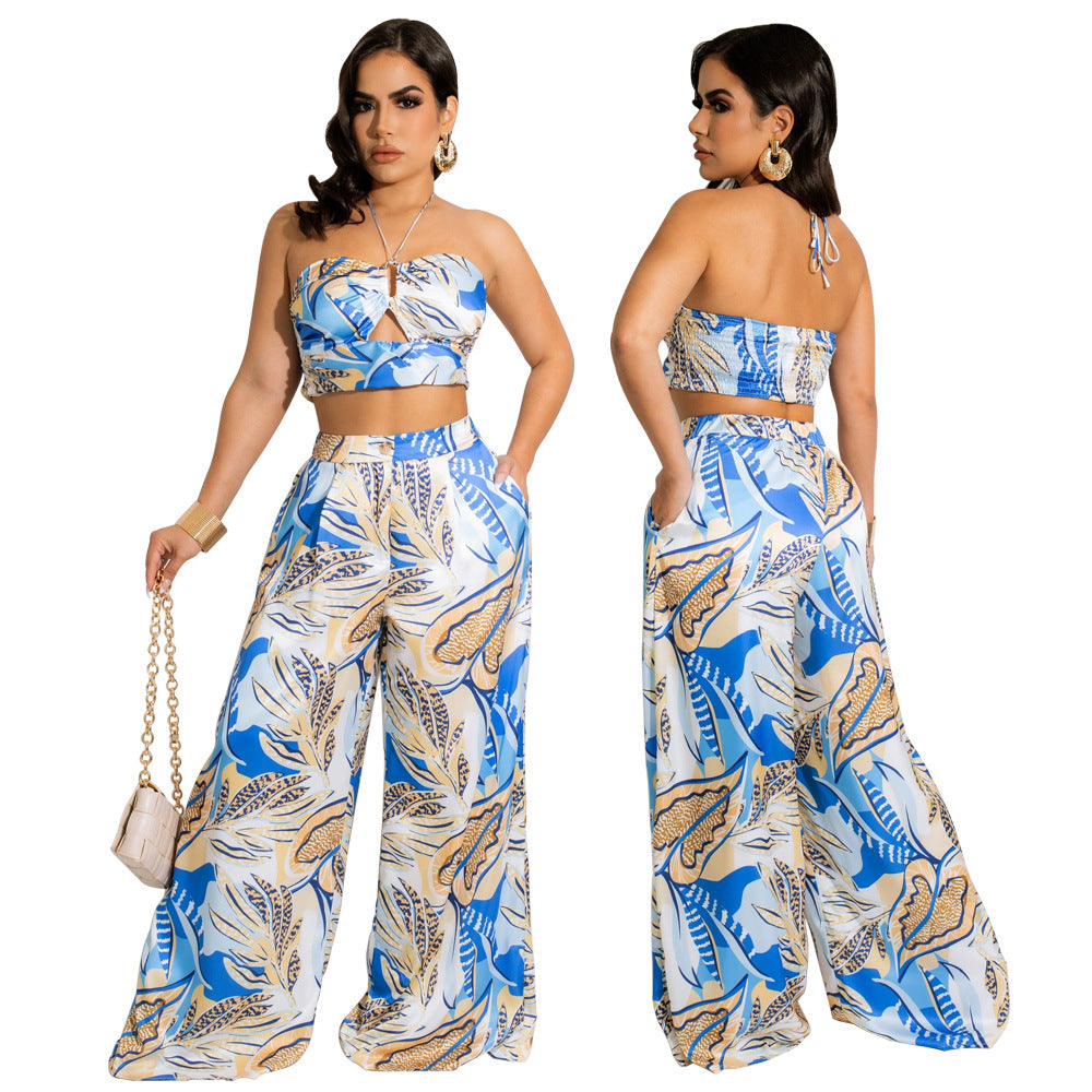 Ladies Top Wide Leg Pants Print Two Piece Set