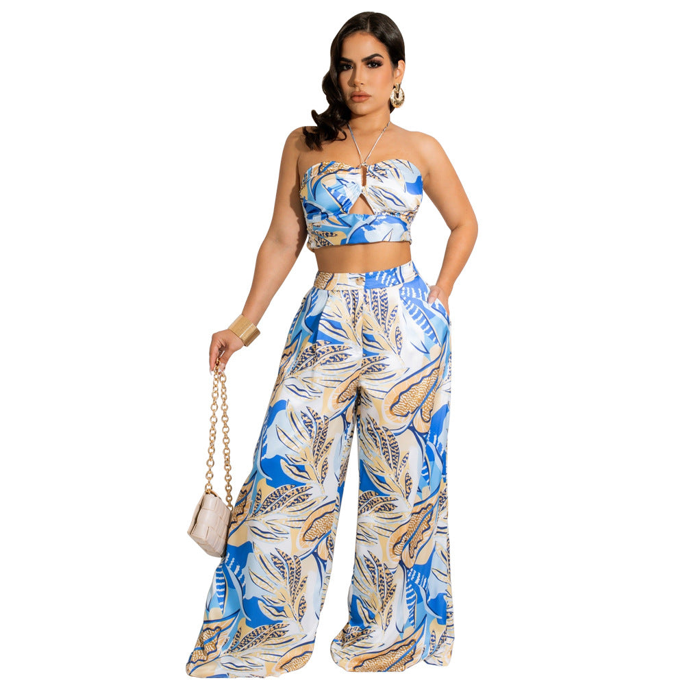 Ladies Top Wide Leg Pants Print Two Piece Set